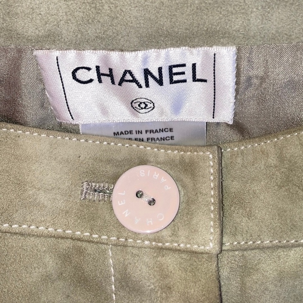 Chanel 03C Suede GoatSkin Sage Green Wide Silk lined Pants w pockets sz 8 stains